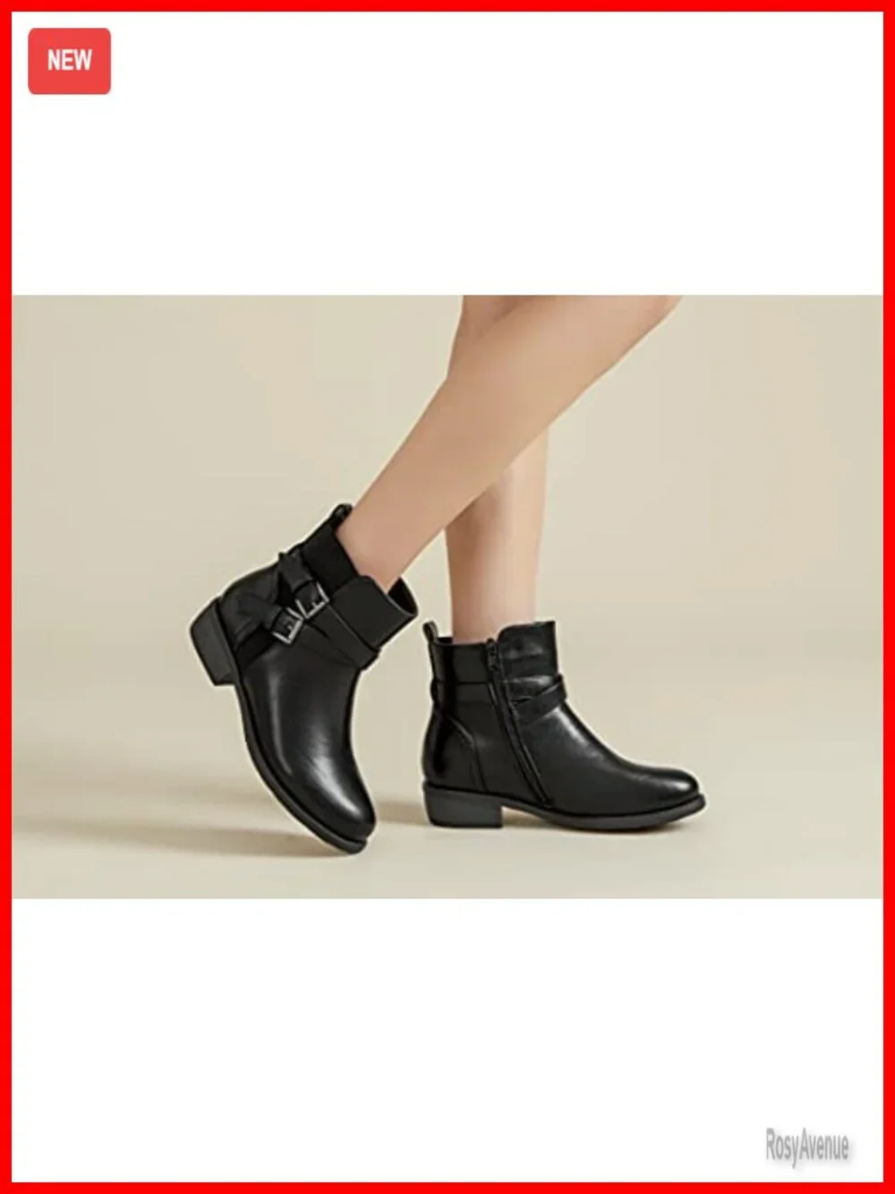 Women's Elastic Ankle Boots, Round Toe Low Heel Side Zipper Buckle Booties
